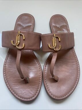 Jimmy Choo Brown Leather Toe-Post Sandals with Gold JC Logo